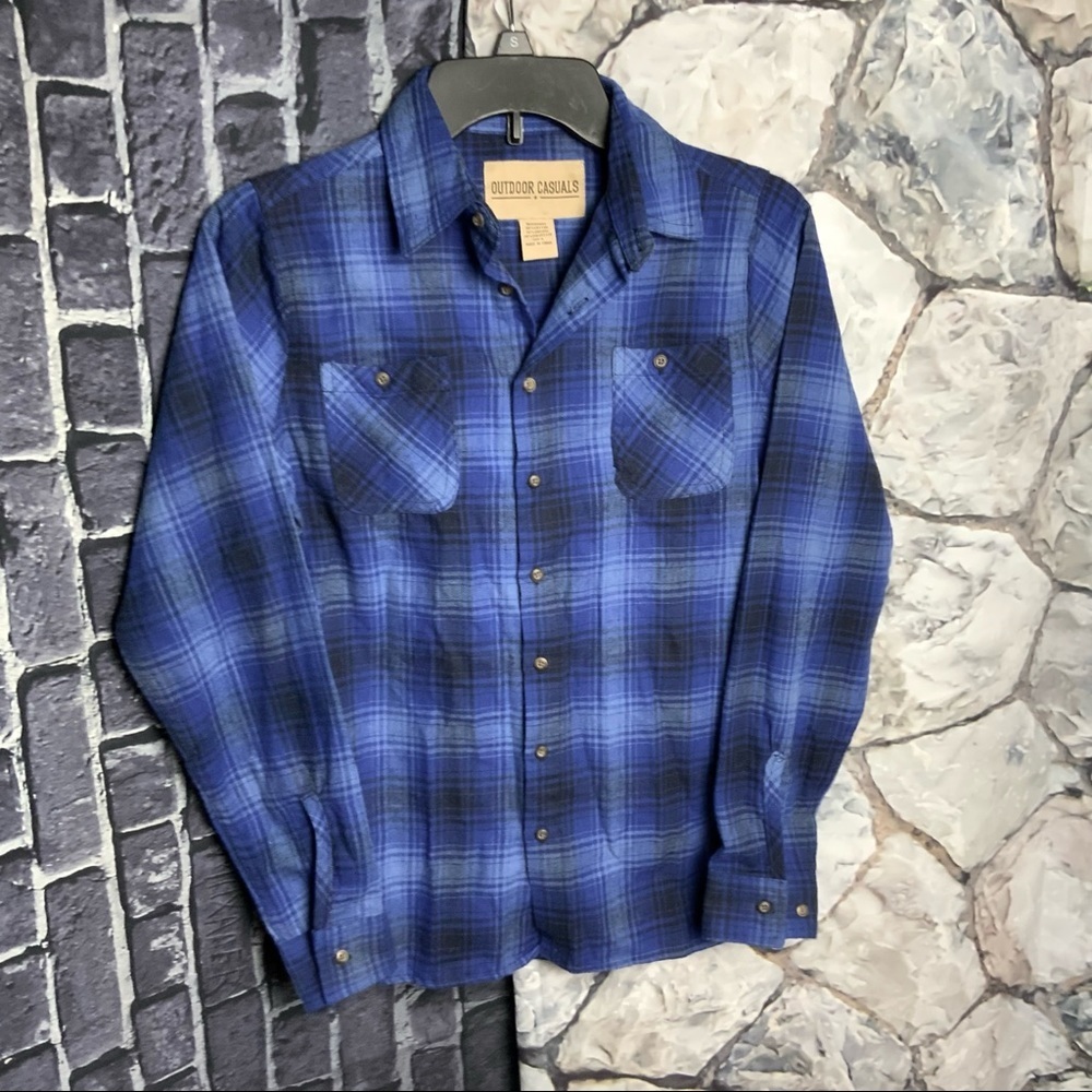 Outdoor Casuals Blue Black Plaid Flannel Shirt Men Sm